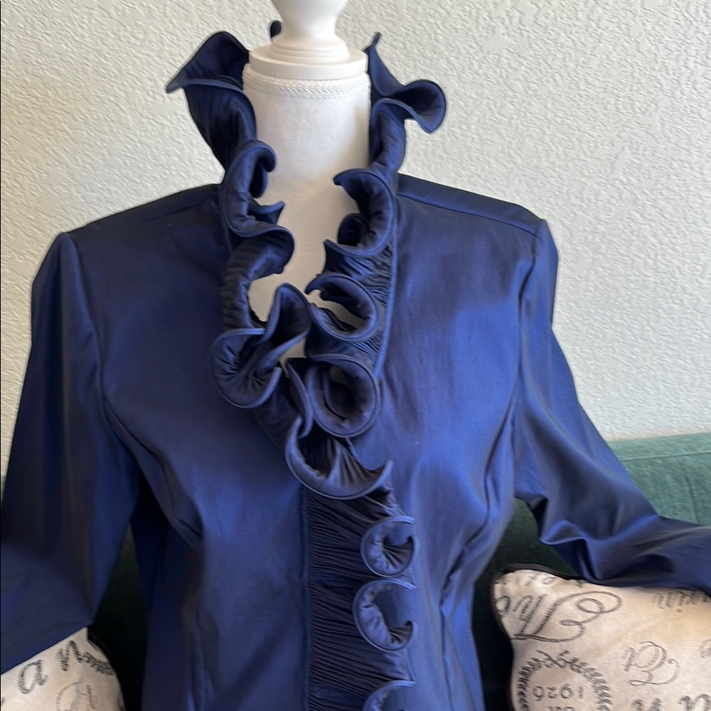Elegant Navy Ruffle Blouse - Picture 2 of 7